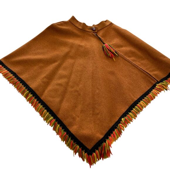 VTG 60s Wool Poncho w/ yarn details Burnt Orange size Small Mod Retro - Picture 2 of 7